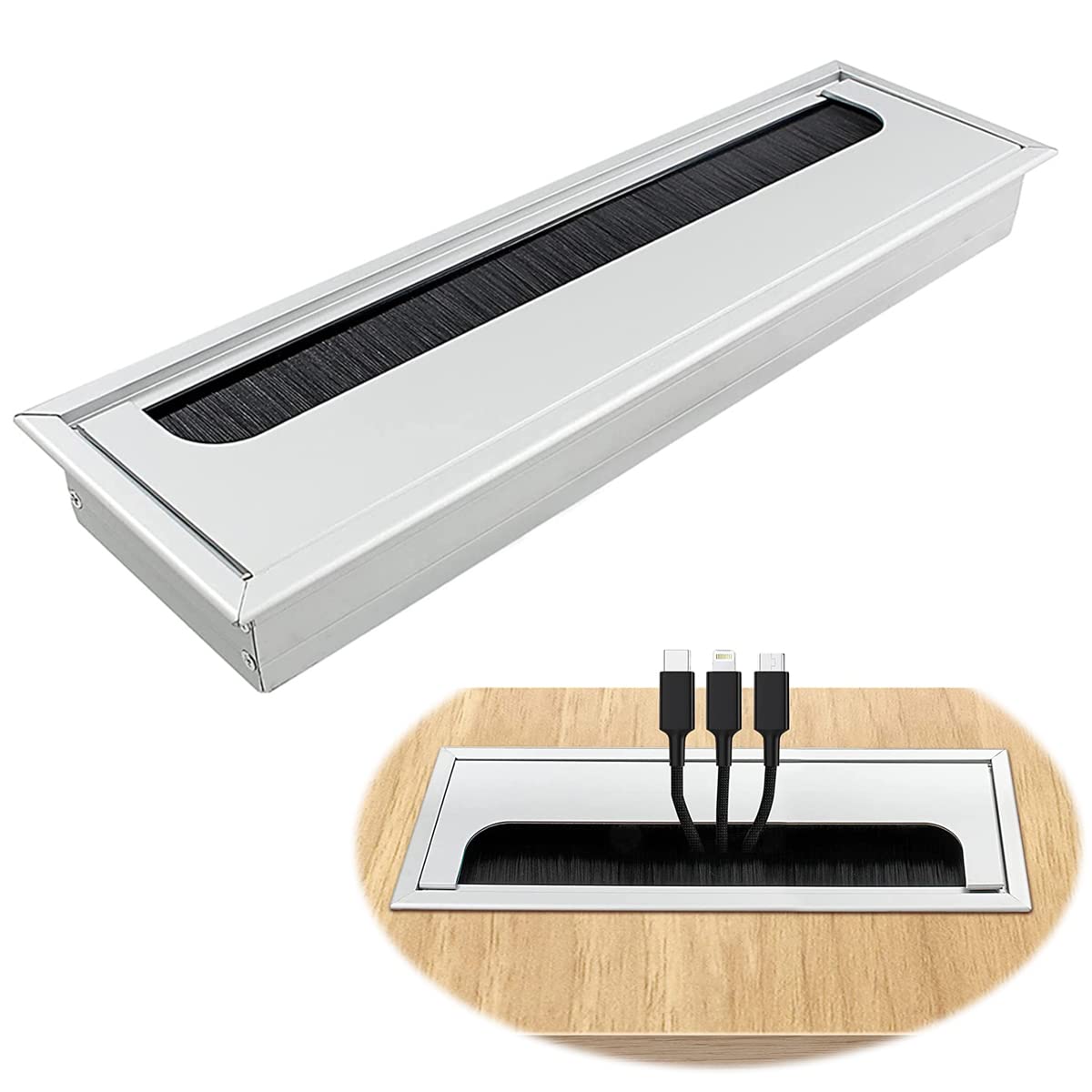HASTHIP Rectangular Wire Cable Hole Cover with Dust-Proof Brush, Aluminum Metal Cable Organizer, Wire Manager for Table, Desk Hole Cap for Office and Computer Desks (280mm*80mm, Silver) HASTHIP Rectangular Wire Cable Hole Cover with Dust-Proof Brush, Aluminum Metal Cable Organizer, Wire Manager for Table, Desk Hole Cap for Office and Computer Desks (280mm*80mm, Silver)